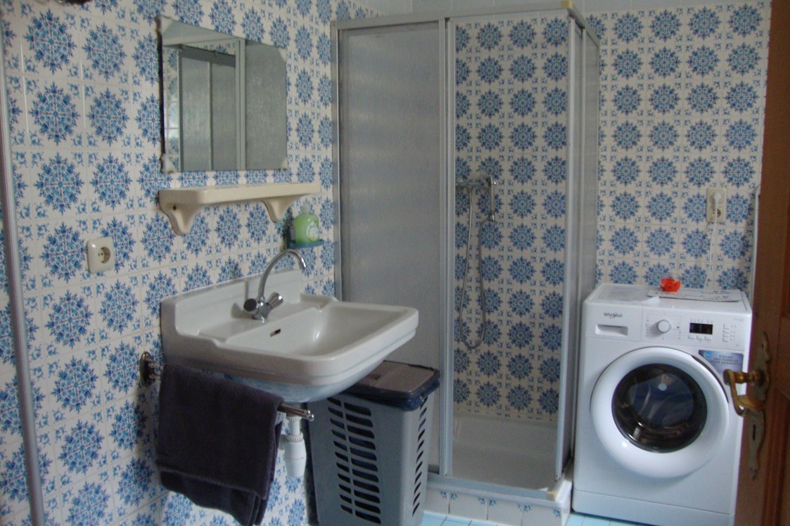 Monteurzimmer: Separater Waschraum mit Waschmaschine, Wäscheständer, Schrank
Dusche,WC - Monteurswohnung im Rottal -  daheim, umgeben von Natur