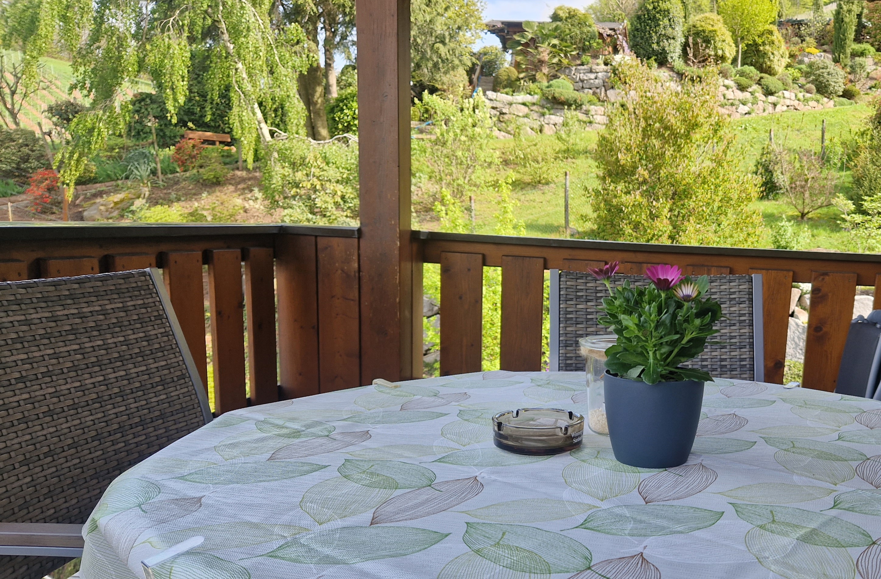 Monteurzimmer: Balkon mit Blick in der Garten und die Weinreben - Ferienwohnung Schwarzwaldliebe