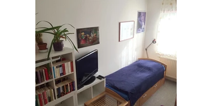 Monteurwohnung - Waschmaschine - Deutschland - Wohnzimmer mit Bett, Kleiderschrank, TV und kleiner Bibliothek  - Melli‘s Mini-Wohnung