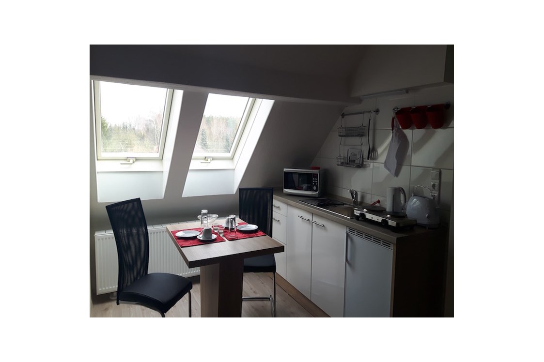 Monteurzimmer: Küchenzeile im Wohnzimmer - Ferienwohnung Stadtrandsiedlung