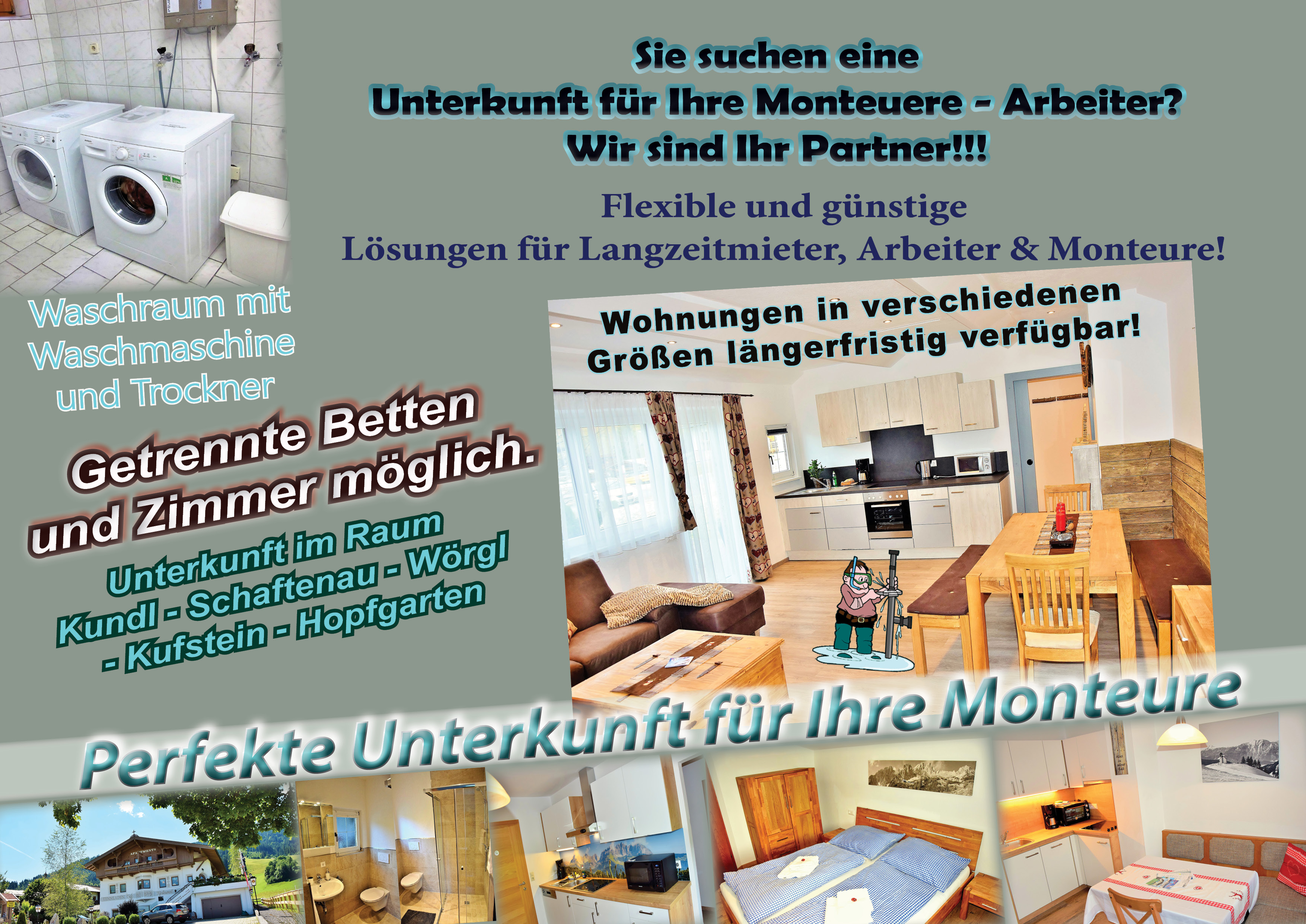 Monteurwohnung - Zimmertyp: Einzelzimmer - Tirol - Monteurwohnung Zimmer für Arbeiter - Apartment mit 2 getrennten Schlafzimmern
Monteurzimmer für Sandoz Novartis Kundl, Pfeiffer Holz Kundl, ÖBB Baustelle Angath sehr gut geeignet  - Astoria Apartments Monteurzimmer