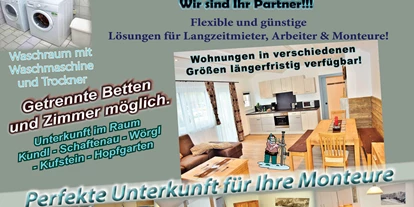 Monteurwohnung - Balkon - Österreich - Monteurwohnung Zimmer für Arbeiter - Apartment mit 2 getrennten Schlafzimmern
Monteurzimmer für Sandoz Novartis Kundl, Pfeiffer Holz Kundl, ÖBB Baustelle Angath sehr gut geeignet  - Astoria Apartments Monteurzimmer