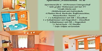 Monteurwohnung - Einzelbetten - Tirol - Apartment Wildschoenau  - sehr grosse Ferienwohnung fuer 6 - 8 Personen - voll ausgestattet in Topp Lage - nahe Supermarkt und uvm. 
Waschküche mit Waschmaschine und Trockner sowie genügend Parkplätze, Garten und Gartenlaube vorhanden.  - Ferienwohnung fuer 6 - 8 Personen - sehr groß und guenstig