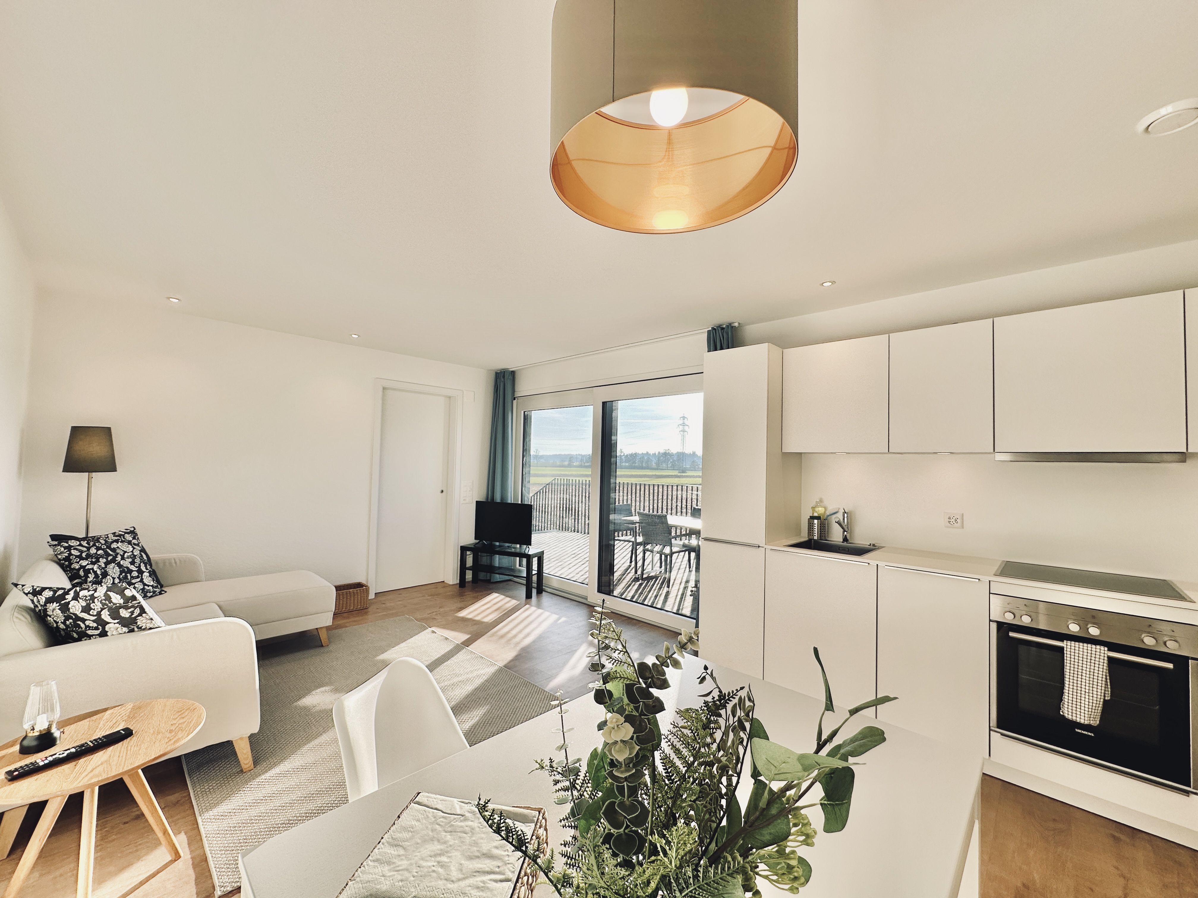 Monteurwohnung - Kühlschrank - Schweiz - Wohn- Esszimmer / Küche - Möbliertes Business Apartment / Tiny House