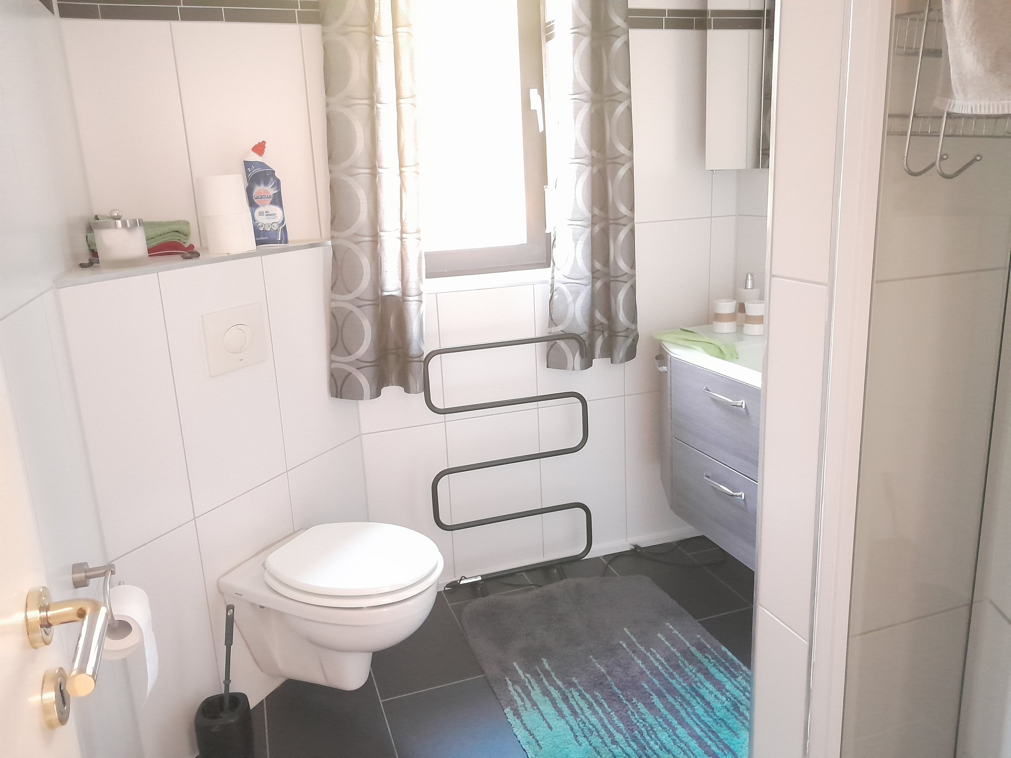 Monteurwohnung - Parkplatz: eigener Parkplatz vorhanden - Weserbergland, Harz ... - Badezimmer: ebenerdige Dusche, WC, Tageslicht - Ferienwohnung Wietze