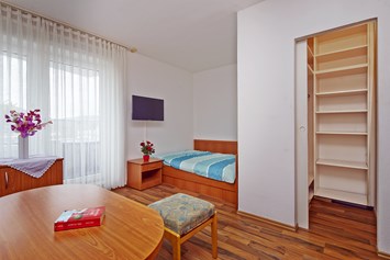 Monteurzimmer: Wohn-Schlafzimmer mit Fensterfront zum Balkon - Bad Pyrmont, Dr.-Harnier-Str. 1, Single Appartement 14