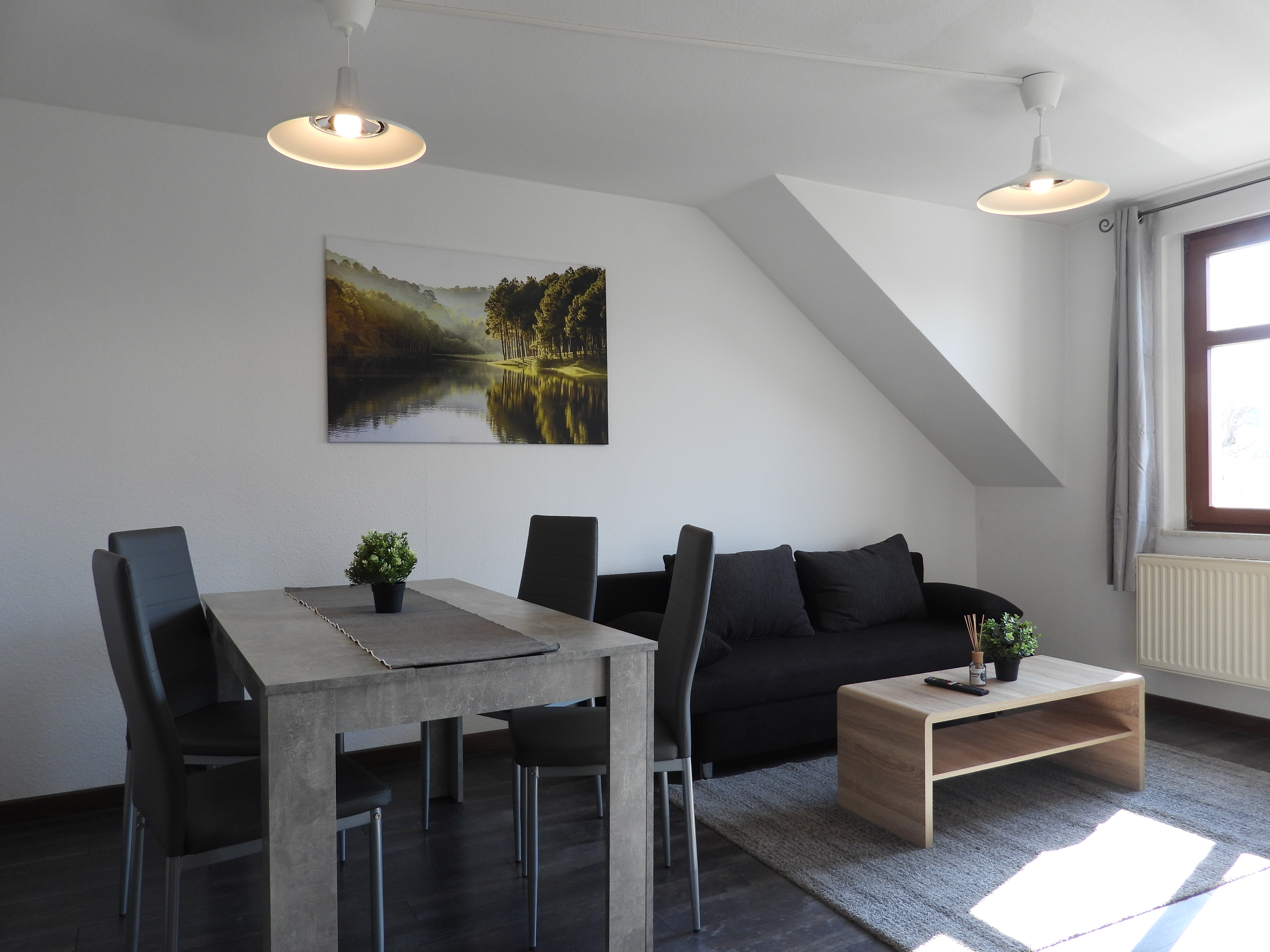 Monteurwohnung - TV - Elbeland - Wohnzimmer mit Essbereich und TV - flex living -  Monteurwohnungen in Chemnitz