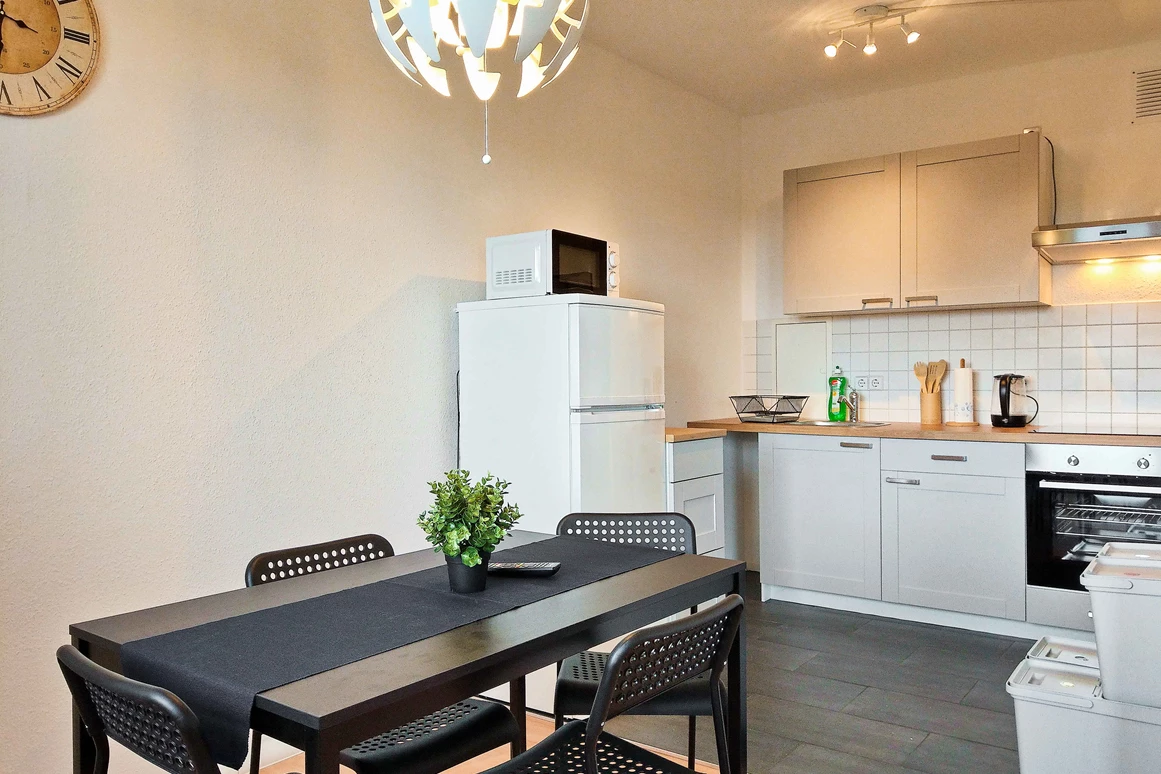 Monteurzimmer: Voll ausgestattete Küche mit allem, was Sie brauchen.
 - flex living -  Monteurwohnungen in Halle
