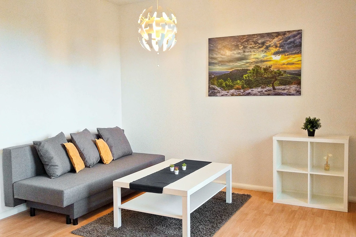 Monteurzimmer: Gemütliches Wohnzimmer mit WLAN und bequemer Couch.
 - flex living -  Monteurwohnungen in Halle