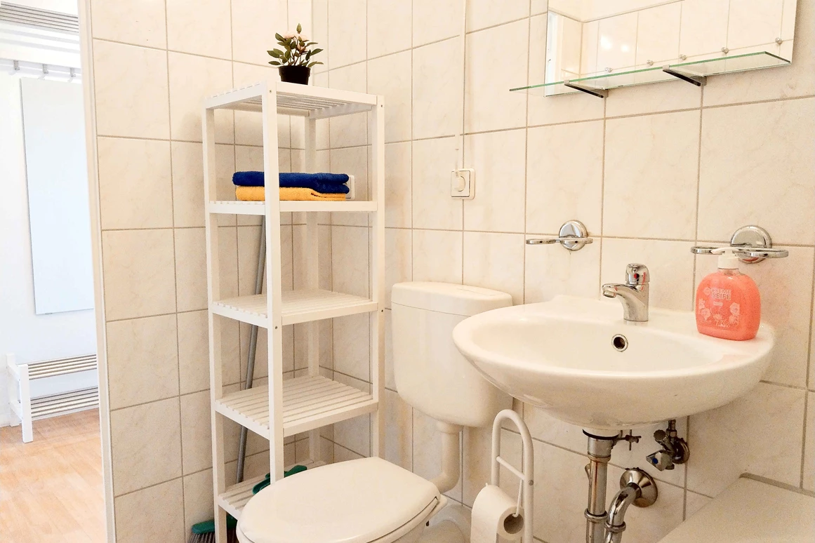 Monteurzimmer: Modernes Bad mit WC, Spiegel und praktischen Ablagen.
 - flex living -  Monteurwohnungen in Halle