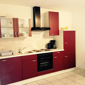 Monteurzimmer: Küche mit Mikrowelle, Gefrierschrank und Essecke  - Waldnestle Carlsberg 