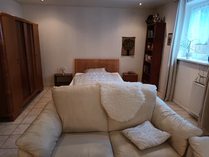 Monteurwohnung - TV - Deutschland - Die Sitzecke und hinter der Couch ist das Bett, links der Kleiderschrank - Monteurzimmer in Korbach