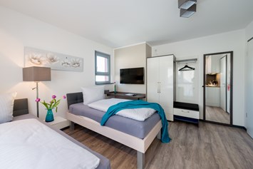 Monteurzimmer: Schickes 1-Raum-Apartment mit Schlafzimmer, Küche und Bad - Apartmenthaus & Ferienwohnungen Horster