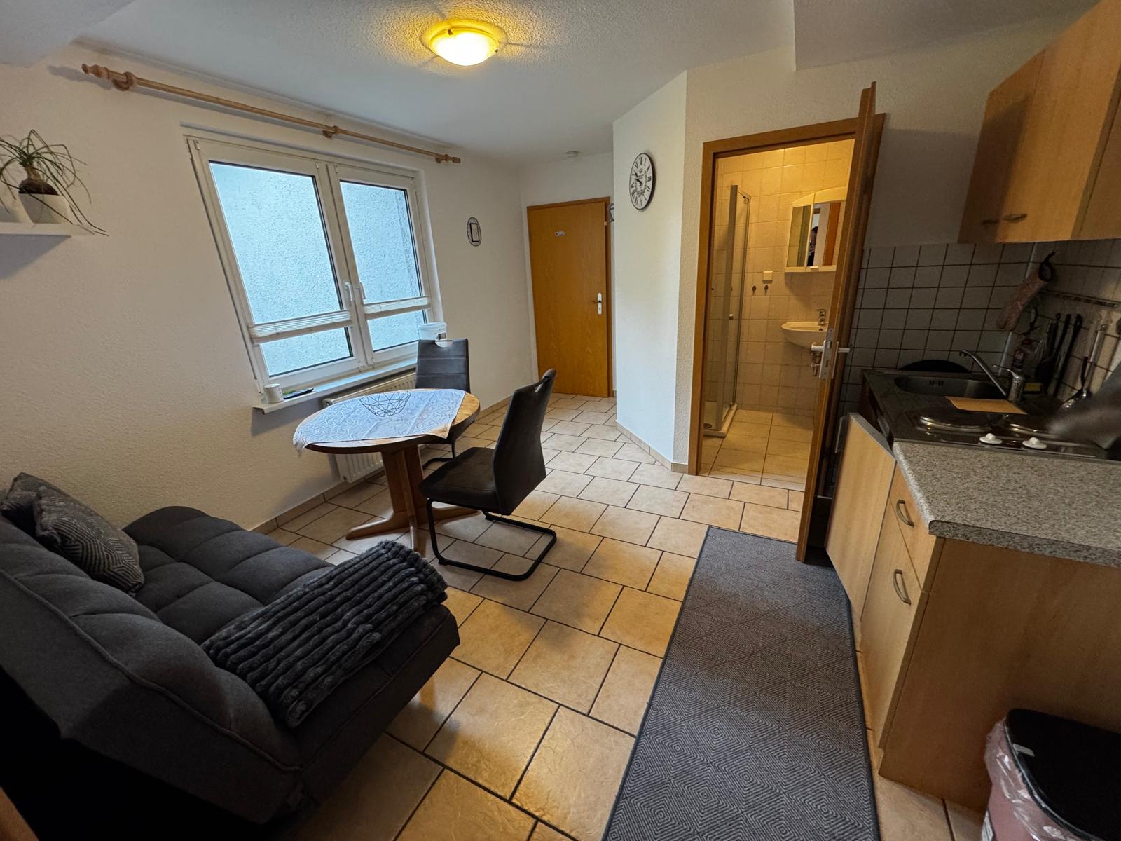 Monteurwohnung - PLZ 18146 (Deutschland) - Wohnzimmer mit Couch und Küchenzeile - Wohnung nahe Rostock