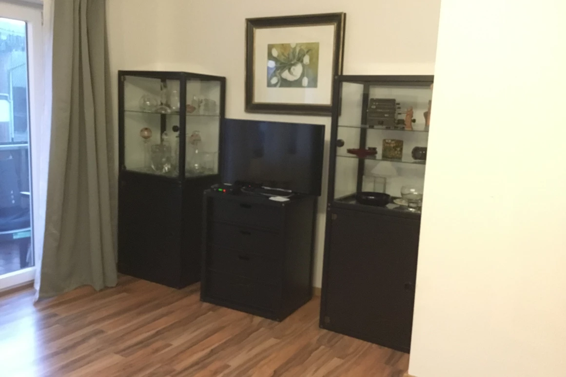Monteurzimmer: Wohnraum mit Fernseher und Stereoanlage, Zugang zum Balkon. - Pfeils Ferienwohnung