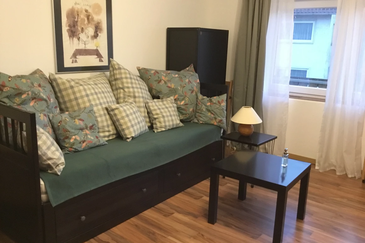 Monteurzimmer: Sofa im Wohnraum = Einzel- oder nach Bedarf Doppelbett mit Matratzen, kein Schlafsofa. - Pfeils Ferienwohnung