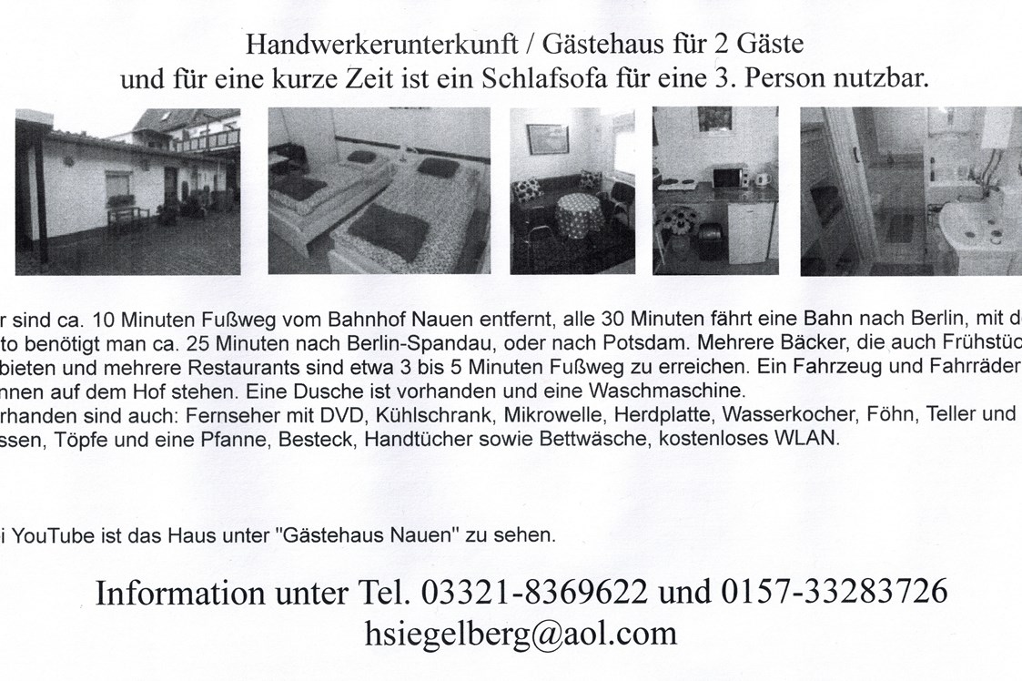Monteurzimmer: Kleines Gästehaus 30qm für 2 Personen in Nauen bei Berlin und Potsdam