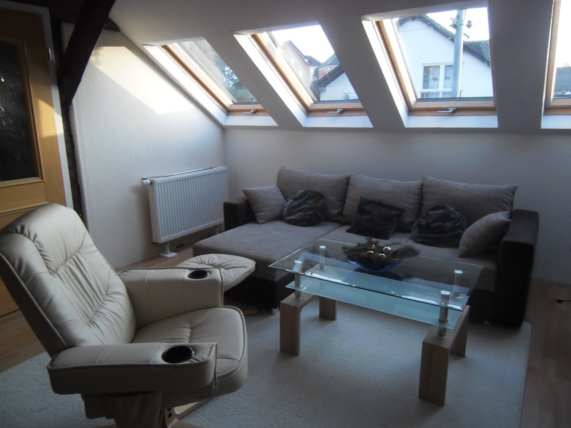 Monteurzimmer: Gemütliche Couch in der Arbeiterwohnung in Runkel an der Lahn. - Dach-Studio Runkel
