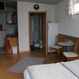 Monteurzimmer: Blick auf Badezimmer u.- Kochnische - Jörgs Gästehaus & Appartment