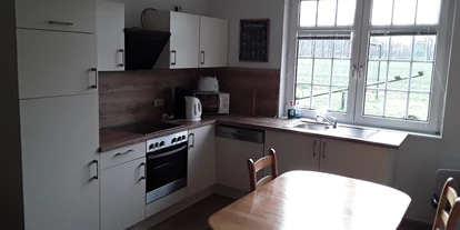 Monteurwohnung - Kaffeemaschine - Meppen - Küche mit Kühlschrank  + Gefrierfach  - Waldblick
