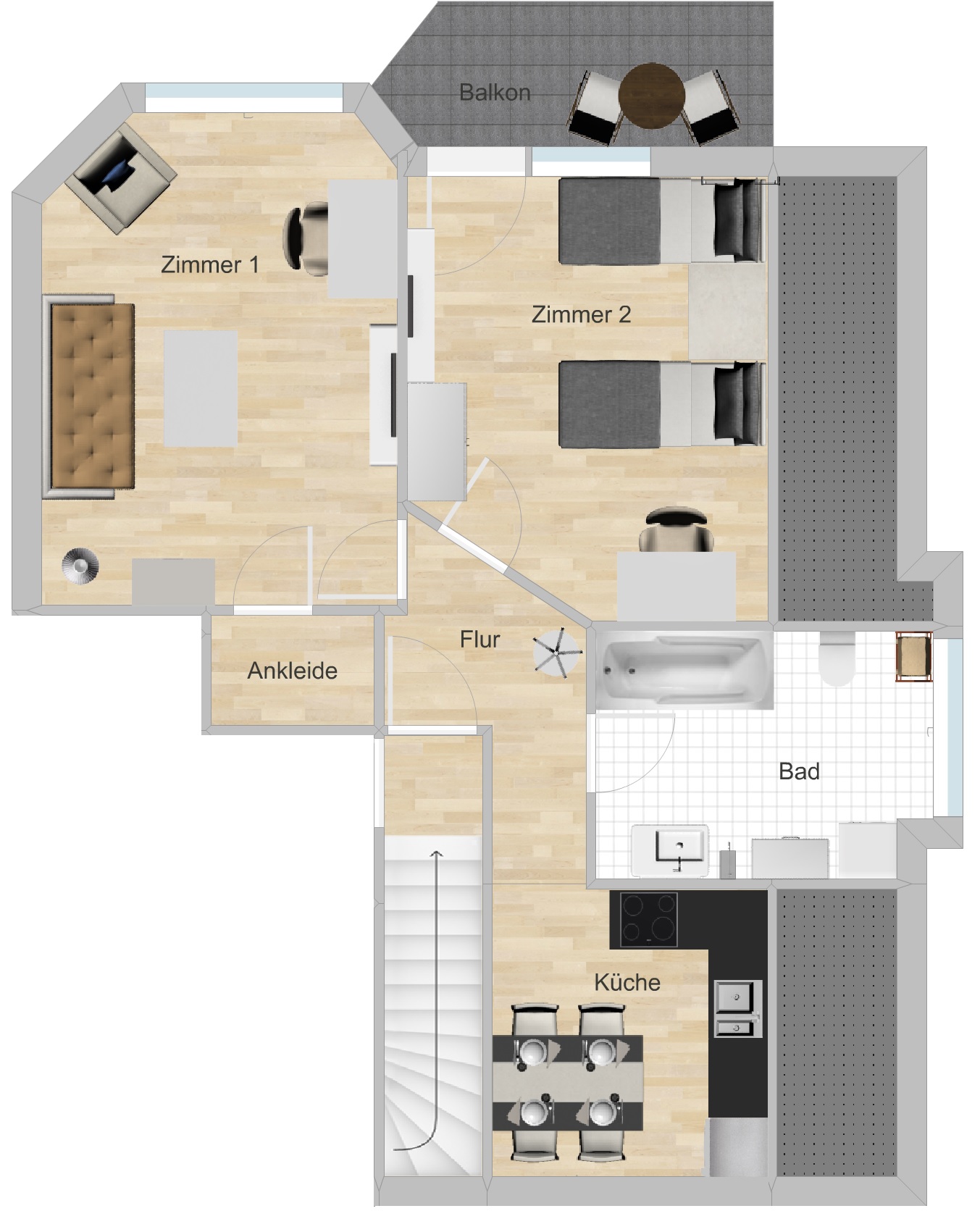 Monteurzimmer: Grundriss für 3 Personen - Ab 11,21 pP, Vollausstattung, schnelles Internet, TV + Netflix, bequeme Betten, Küche, Balkon