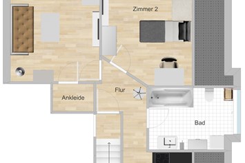Monteurzimmer: Grundriss für 3 Personen - Ab 11,21 pP, Vollausstattung, schnelles Internet, TV + Netflix, bequeme Betten, Küche, Balkon