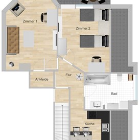 Monteurzimmer: Grundriss für 3 Personen - Ab 11,21 pP, Vollausstattung, schnelles Internet, TV + Netflix, bequeme Betten, Küche, Balkon