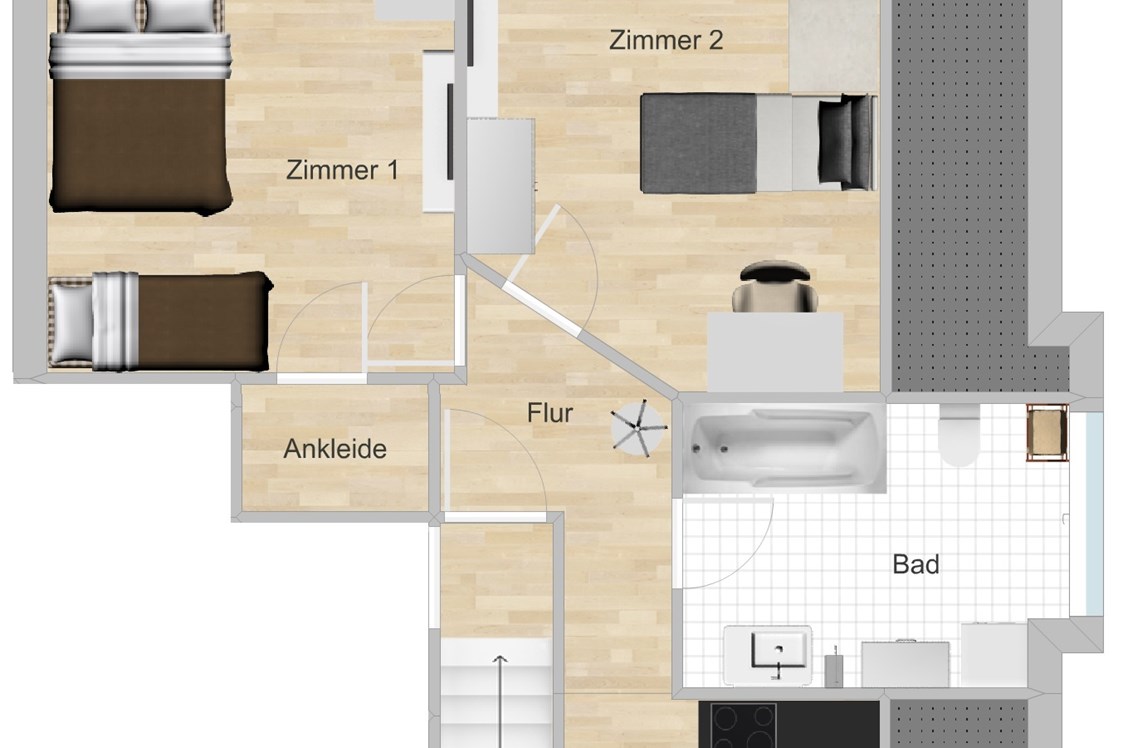 Monteurzimmer: Grundriss für 4 oder 5 Personen - Ab 11,21 pP, Vollausstattung, schnelles Internet, TV + Netflix, bequeme Betten, Küche, Balkon