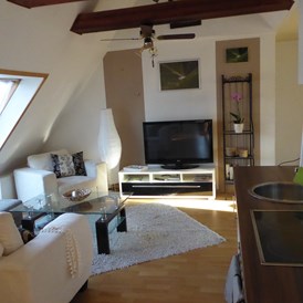 Monteurzimmer: Der Wohnraum mit Sitzecke und Fernseher  - Storchennest Dassow
