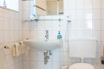 Monteurzimmer: Badezimmer mit Dusche und WC - Family Lodge Birkenhof & Biergarten