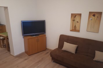 Monteurzimmer: Wohnbereich mit Couch und TV - Schloß Holte Bahnhof
