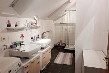 Monteurzimmer: Modernes Bad mit grosser Dusche 2 Waschbecken , Waschmaschine , Toilette - Andrea Pischel 