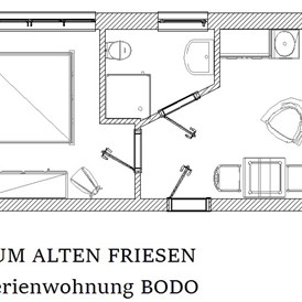Monteurzimmer: Grundriss-Skizze Ferienwohnung Bodo - Wangerland Appartment "Zum alten Friesen"