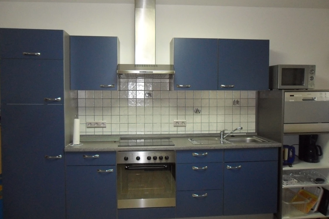 Monteurzimmer: Küche mit Spülmaschine, Senseo, Wasserkocher, Mikrowelle, usw. - Wohnung Idefix 1 SZ: 2 Einzelbetten