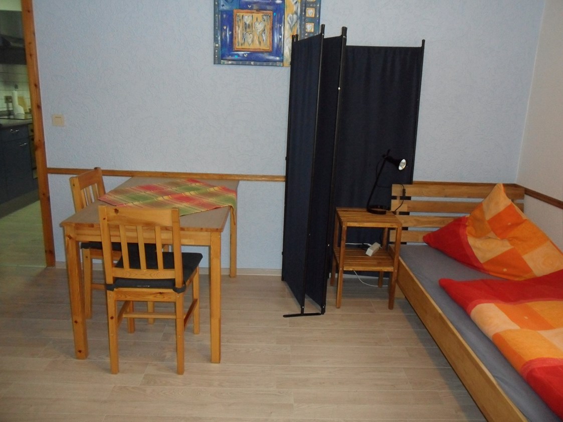 Monteurzimmer: Option b: 1 Bett im Schlafzimmer - Wohnung Idefix 1 SZ: 2 Einzelbetten + Bettcouch; zwischen Merzig und Losheim