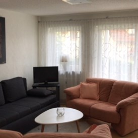 Monteurzimmer: Wohnzimmer mit Schlafsofa und Zugang zum Balkon - Ferienwohnung Creutzig