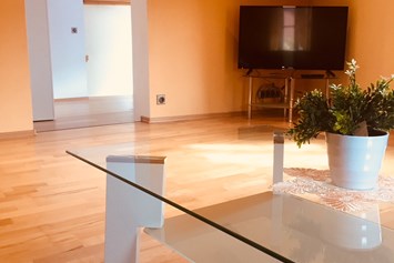 Monteurzimmer: Wohnbereich mit SAT-TV und großer Ledercouch mit Sessel - Ferienwohnung "Altstadtblick" - top Ausstattung